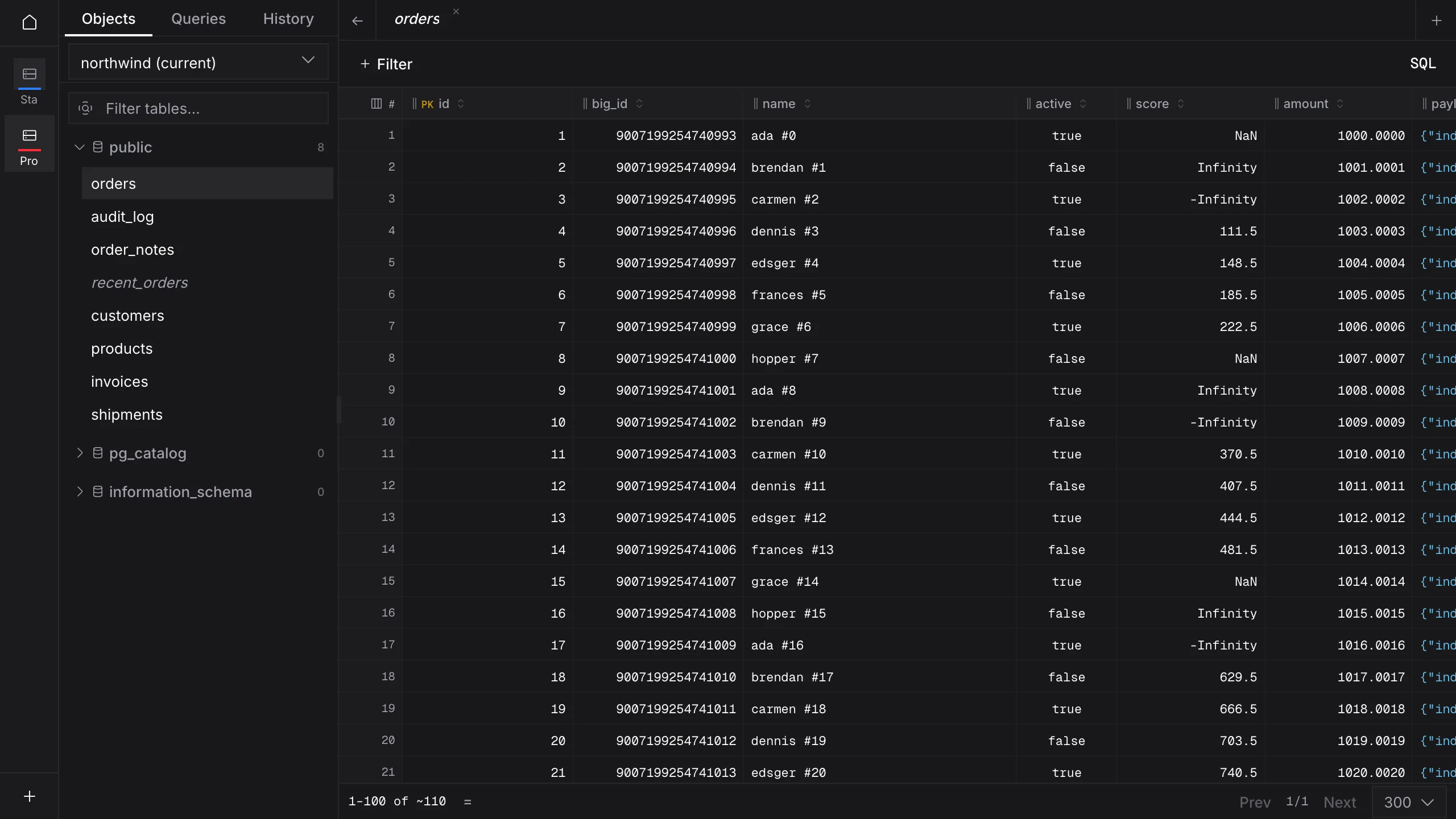 Quarry workspace showing the public schema tree and a filled orders grid with typed cells