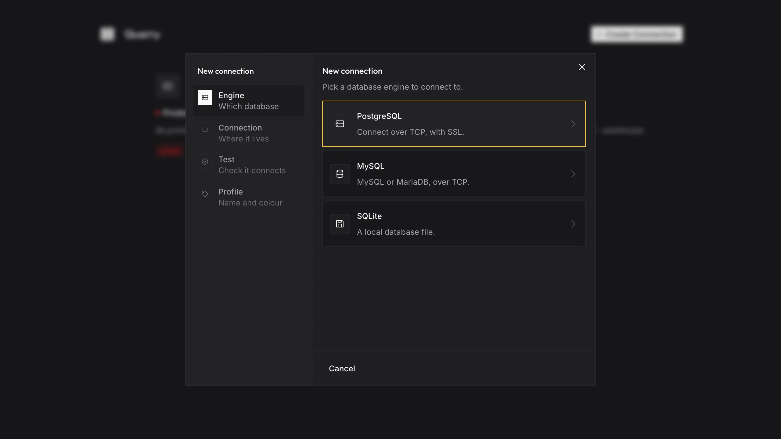 Quarry new-connection dialog with PostgreSQL, MySQL and SQLite engine tiles