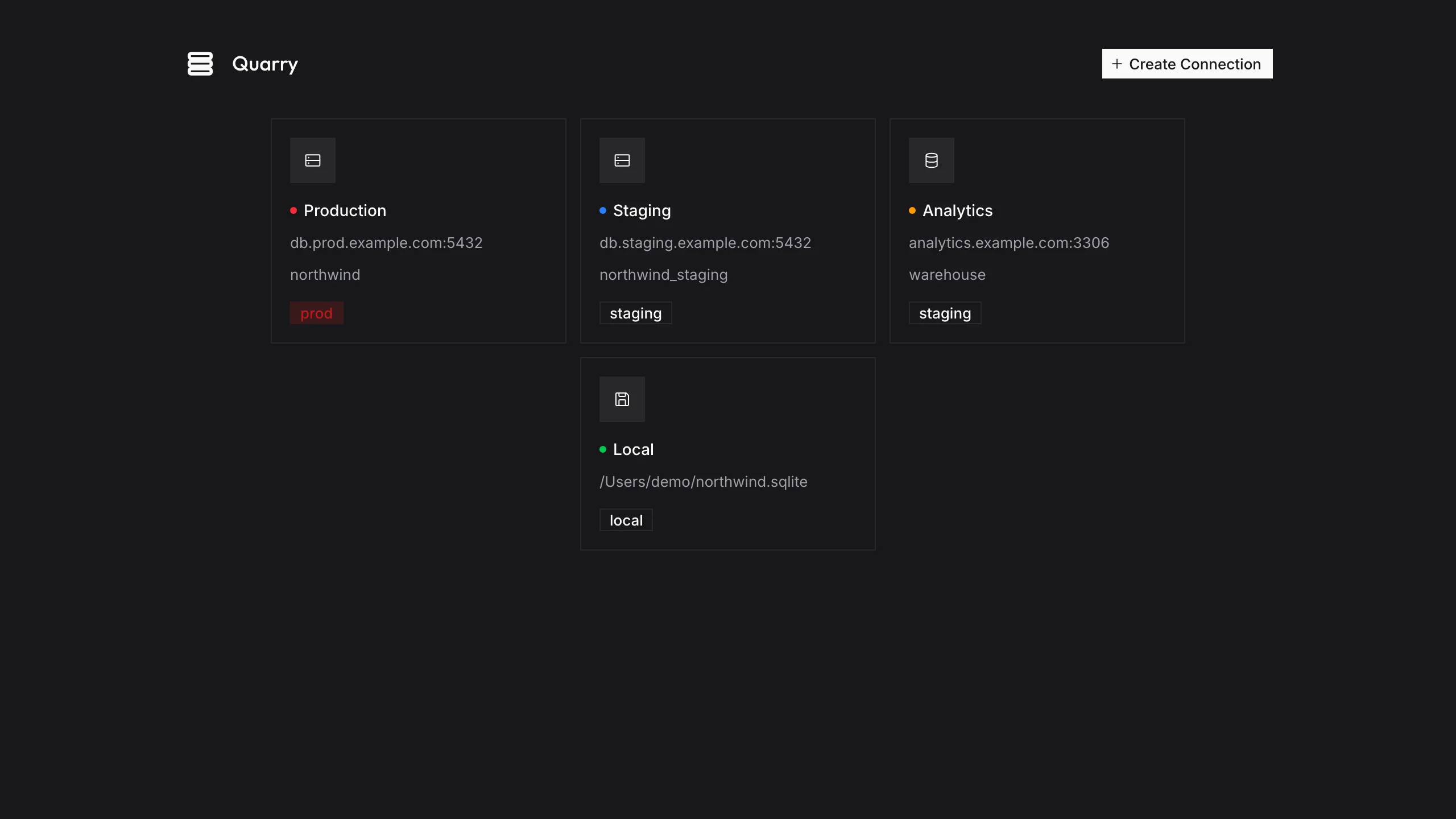 Quarry connections list with Production Postgres, Staging, Analytics MySQL and Local SQLite