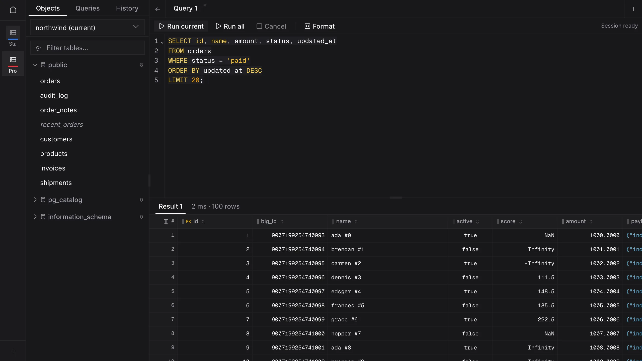 Quarry query editor with a SELECT on orders and the result grid below