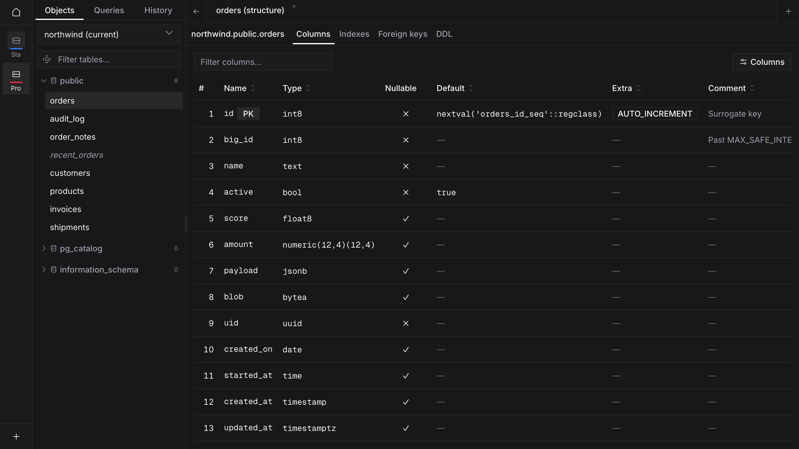 Quarry structure tab for public.orders listing columns, types, defaults and comments